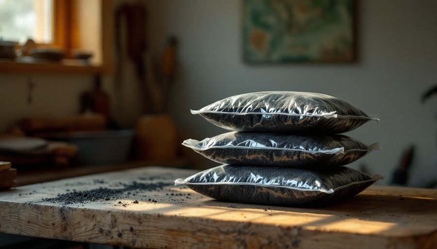 Three sealed bags of concentrate stacked on a wooden bench beside a scatter of black sand.